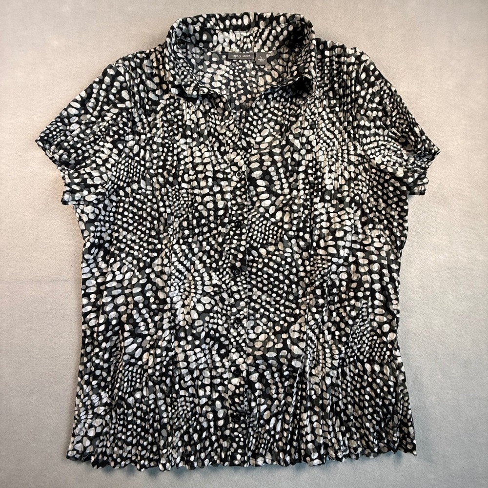 Apt. 9 Womens Large Black White Abstract Pebble Print Pleated Button Blouse